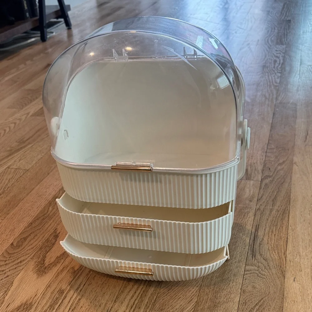 Cream Cosmetic Organizer with Clear Dome Lid and gold accents